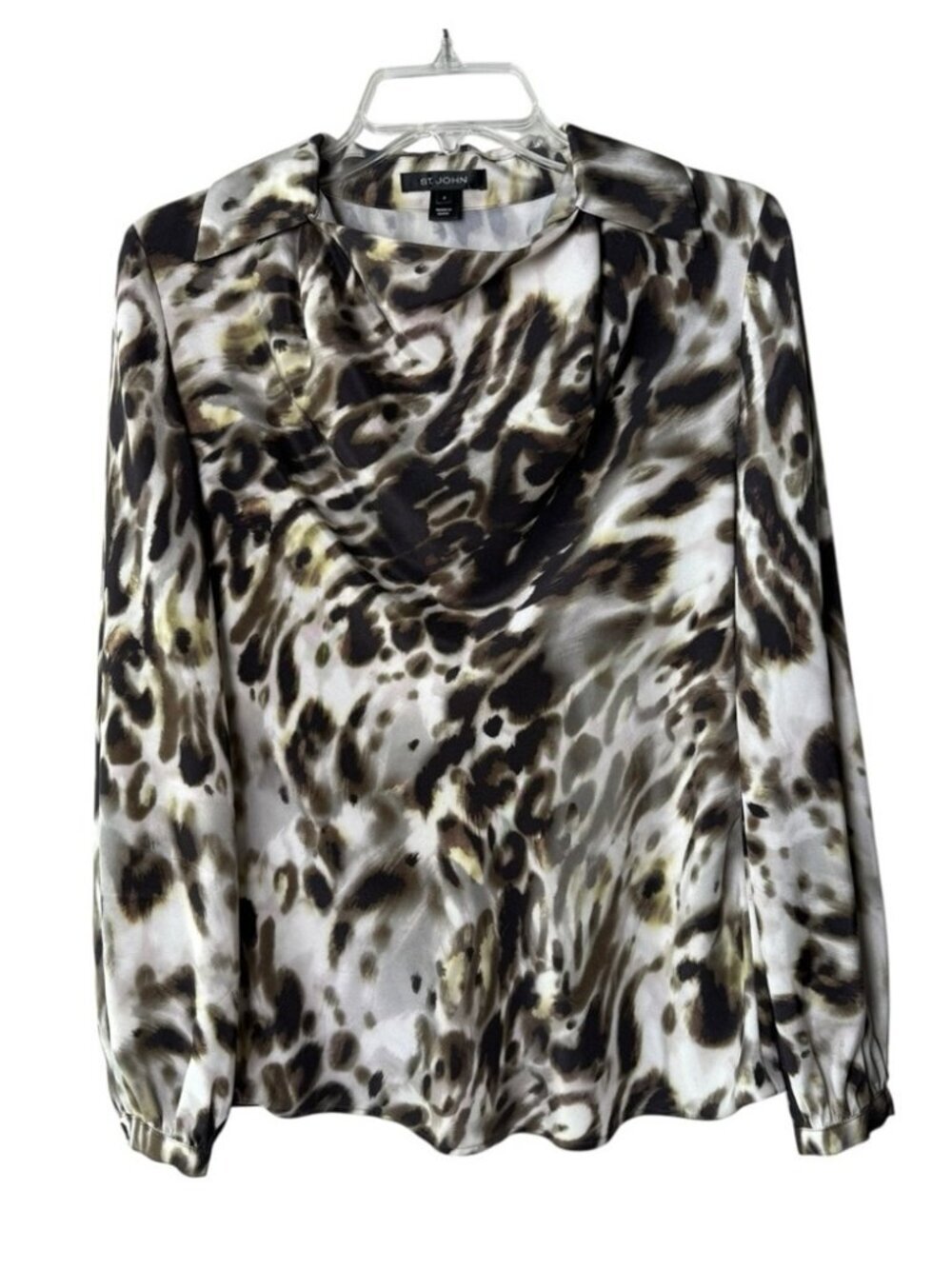 St. John Draped Neck Silk Animal Print Long Sleeve Blouse Top Women’s Size 2 - Picture 2 of 8